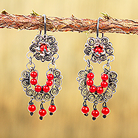 Sterling silver filigree chandelier earrings, 'Vintage Flair' - Red Crystal Beaded Filigree Chandelier Earrings