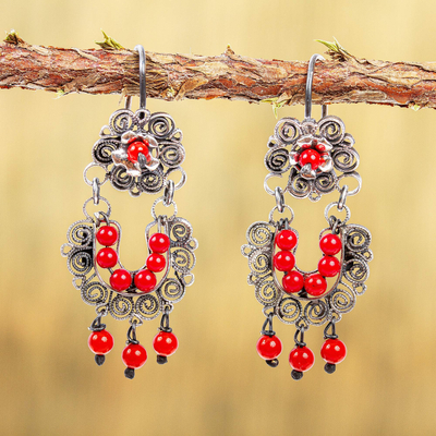 Red Crystal Beaded Filigree Chandelier, Red Silver Crystal Chandelier Earrings