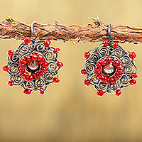 Sterling silver filigree drop earrings, 'Vintage Wreath in Red' - Red Crystal Sterling Silver Filigree Drop Earrings
