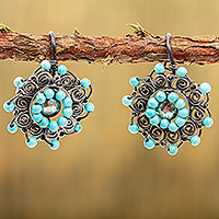 Sterling silver filigree drop earrings, 'Vintage Wreath in Turquoise' - Filigree Drop Earrings in Sterling Silver