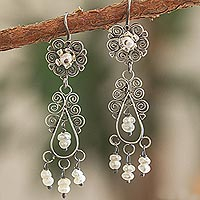 Cultured pearl filigree chandelier earrings, 'Vintage Beauty' - Cultured Pearl Silver Filigree Chandelier Earrings