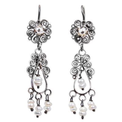 Cultured Pearl Silver Filigree Chandelier Earrings