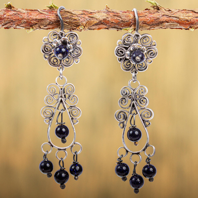 Sterling silver filigree chandelier earrings, 'Vintage Beauty' - Crystal Beaded Sterling Silver Chandelier Earrings