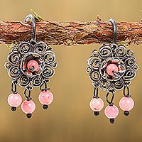Sterling silver filigree chandelier earrings, 'Vintage Bohemian' - Pink Crystal Beaded Chandelier Earrings
