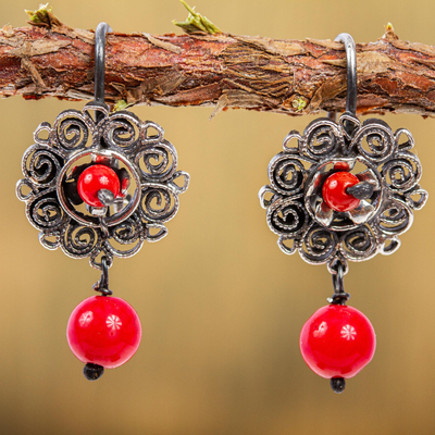 Sterling silver filigree dangle earrings, Vintage Red