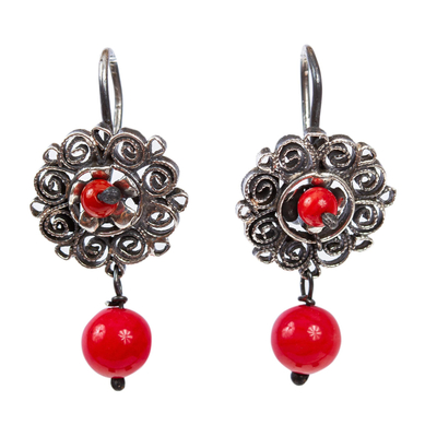 Sterling Silver Filigree Dangle Earrings with Red Beads