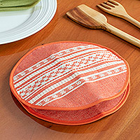 Cotton tortilla holder, 'Oaxacan Weave' - Orange and Off-White Cotton Tortilla Holder