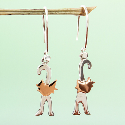 Sterling silver and copper dangle earrings, 'Cats Dance' - Taxco Mexican Cats Dance Silver and Copper Earrings