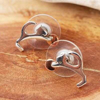 Sterling silver and copper button earrings, Playful Kitties