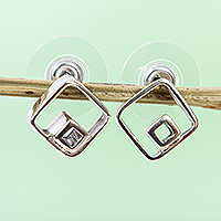 Sterling silver stud earrings, 'Diamond Duo' - Artisan Made Modern Taxco Sterling Silver Stud Earrings