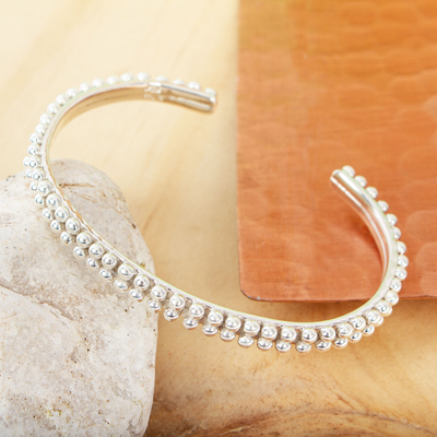 Sterling silver cuff bracelet, 'Taxco Marquee' - Beaded Taxco Sterling Silver Cuff Bracelet