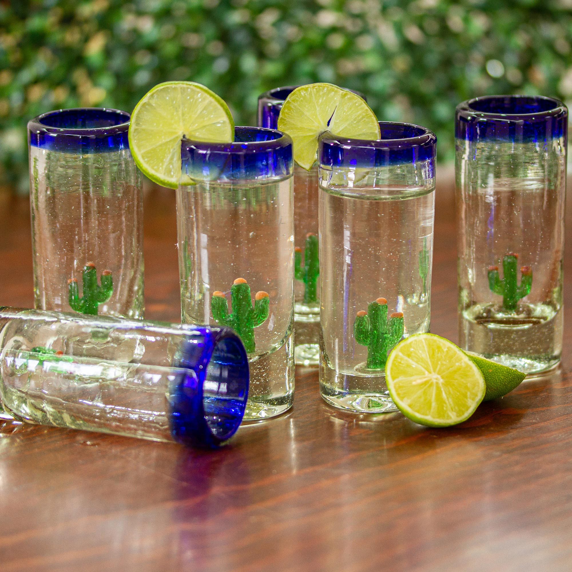 UNICEF Market Hand Blown Tequila Glasses with Cactus Set of 6