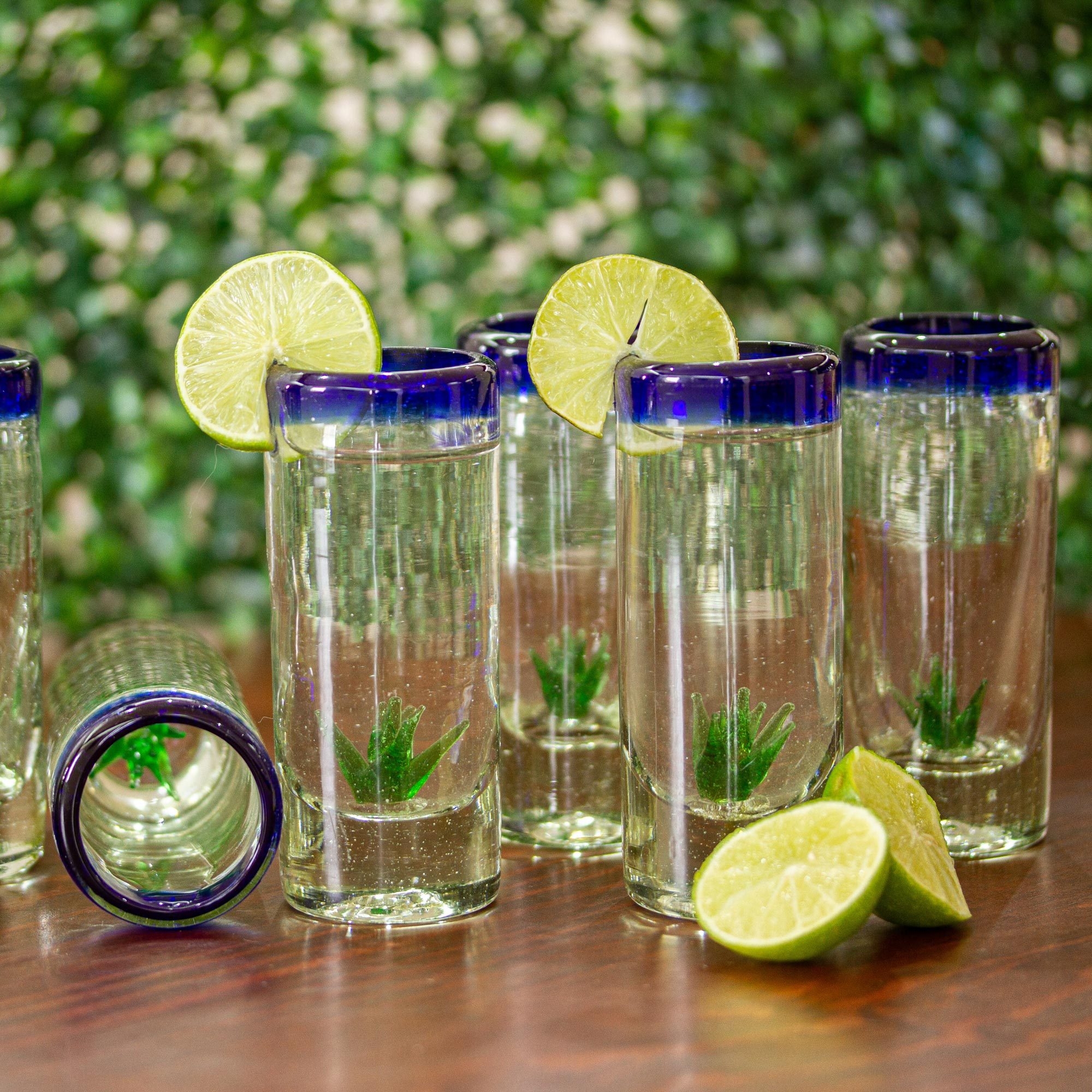 Hand Blown Tequila Glasses with Agave Set of 6 Agave NOVICA