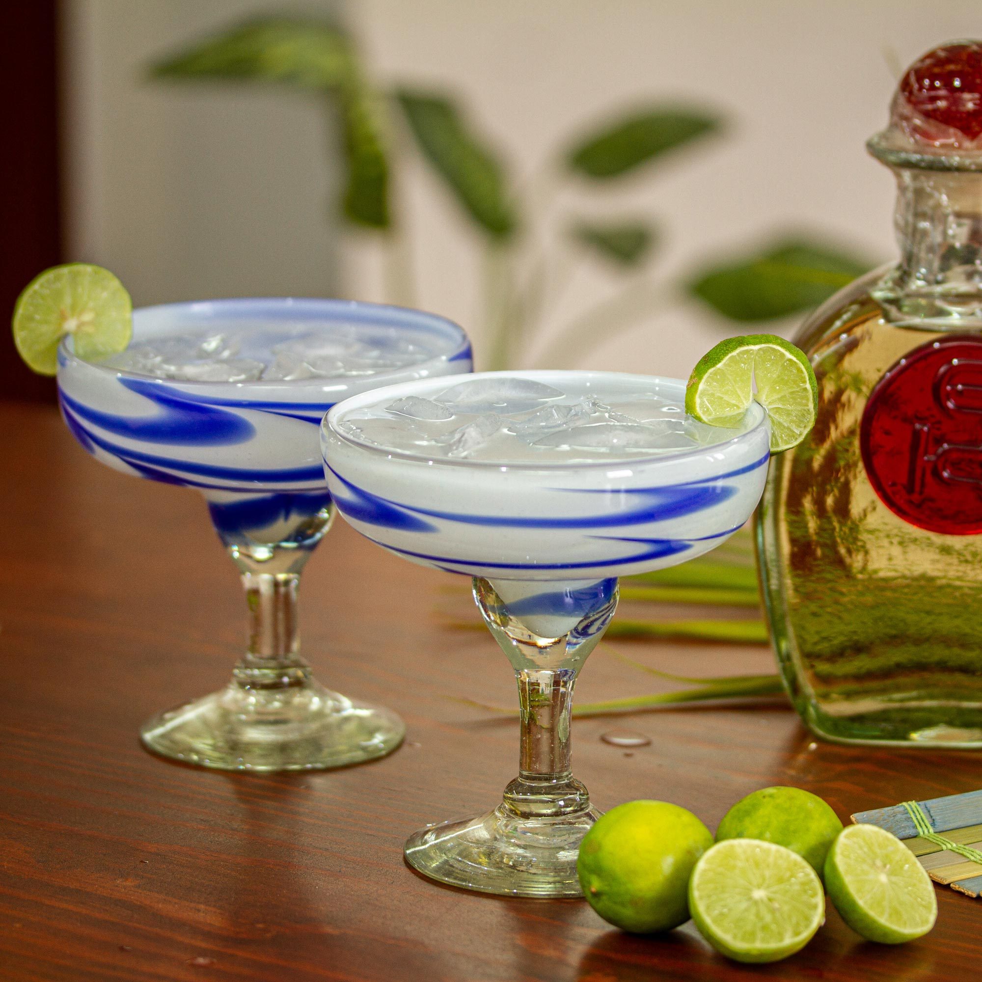 UNICEF Market Blue and White Hand Blown Margarita Glasses (Set of 4