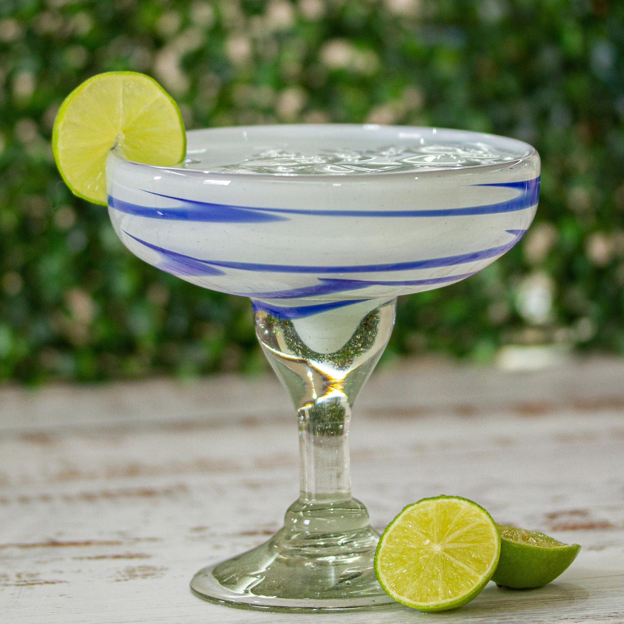 UNICEF Market Blue and White Hand Blown Margarita Glasses (Set of 4