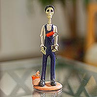 Ceramic sculpture, 'Painter Catrin' - Mexican Folk Art Painter Skeleton Statuette