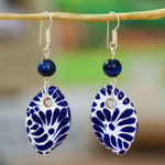 Ceramic and tiger's eye dangle earrings, 'Puebla Blues' - Tiger's Eye and Ceramic Dangle Earrings in Blue and White