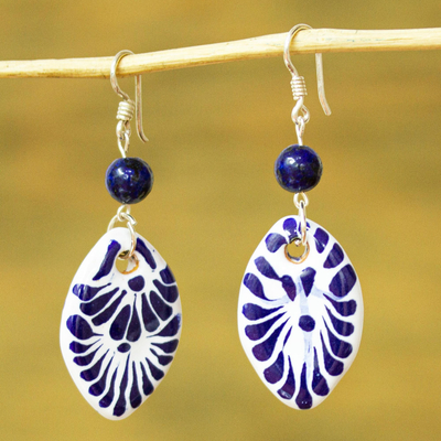 Ceramic and lapis lazuli dangle earrings, 'Puebla Blues' - Lapis Lazuli and Ceramic Dangle Earrings