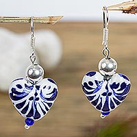 Ceramic beaded dangle earrings, 'Cobalt Hearts' - Dangle Earrings with Hand-Painted Ceramic Hearts