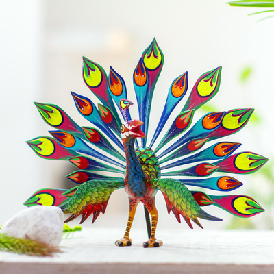 Wood alebrije sculpture, Rainbow Peacock