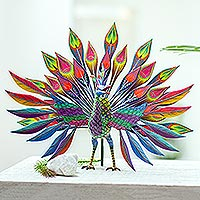 Wood alebrije sculpture, 'Psychedelic Peacock' - Colorful Hand Painted Peacock Alebrije