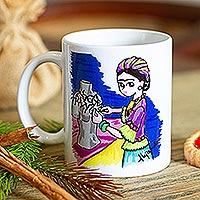 Ceramic mug, 'Frida with Thorn Necklace' - Frida-Themed Artwork Ceramic Mug