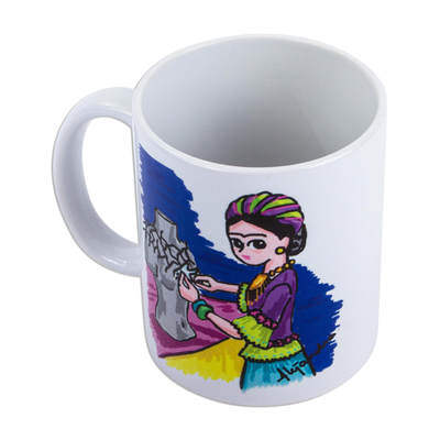 Ceramic mug, 'Frida with Thorn Necklace' - Frida-Themed Artwork Ceramic Mug