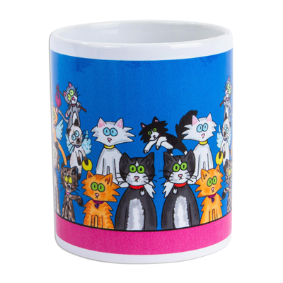 Ceramic mug, 'Kittens' - Signed Ceramic Art Mug with Kitten Theme