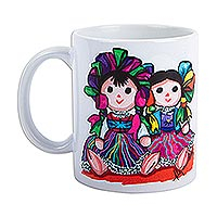 Ceramic mug, 'Maria Doll Sisters' - Ceramic Mug with Painting Print of Maria Dolls