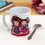 Ceramic mug, 'Maria Doll Sisters' - Ceramic Mug with Painting Print of Maria Dolls