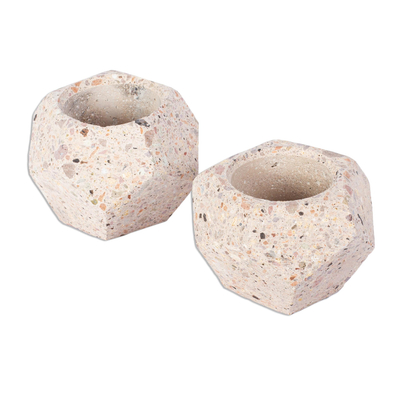 Recycled stone flower pots, 'Modern Polygon' (pair) - Small Polygonal Reclaimed Stone Flower Pots (Pair)