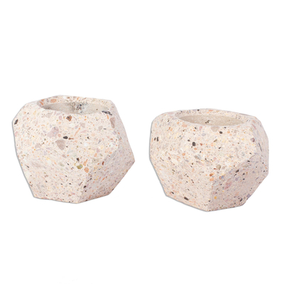 Recycled stone flower pots, 'Modern Polygon' (pair) - Small Polygonal Reclaimed Stone Flower Pots (Pair)