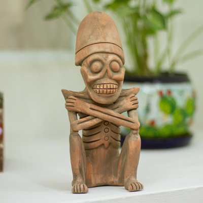 Ceramic sculpture, 'King of the Underworld' - Aztec Archaeology Ceramic Skeleton Sculpture