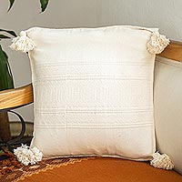 Cotton cushion cover, 'Oaxaca Frets in Warm White' - Warm White 100% Cotton Cushion Cover