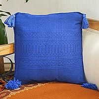 Cotton cushion cover, 'Oaxaca Frets in Royal' - Royal Blue Hand Woven Cushion Cover