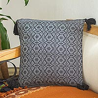 Cotton cushion cover, 'Oaxaca Diamonds in Black' - Black Patterned Cotton Cushion Cover