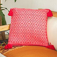 Cotton cushion cover, 'Oaxaca Diamonds in Chili' - Red Hand Woven Cotton Cushion Cover