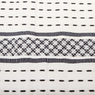 Cotton cushion cover, 'Oaxaca Cross Stitch in Black' - Patterned Grey and White Cushion Cover