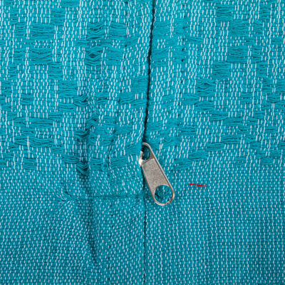 Cotton cushion cover, 'Oaxaca Diamonds in Turquoise' - Turquoise Handmade Cotton Cushion Cover
