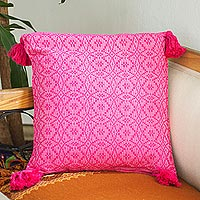 Cotton cushion cover, 'Oaxaca Diamonds in Hot Pink' - Hand Woven Hot Pink Cushion Cover with Tassels