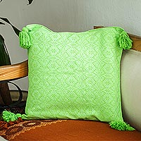Cotton cushion cover, 'Oaxaca Diamonds in Lime' - Bright Green Hand Woven Cotton Cushion Cover