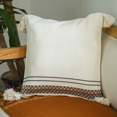 Cotton cushion cover, 'Bottom Line' - Ivory Cotton Cushion Cover with Stripes