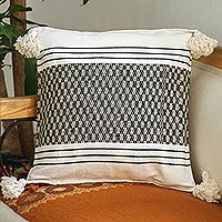 Cotton cushion cover, 'Cross Stitch in Brown' - Artisan Crafted Cotton Cushion Cover in White and Black