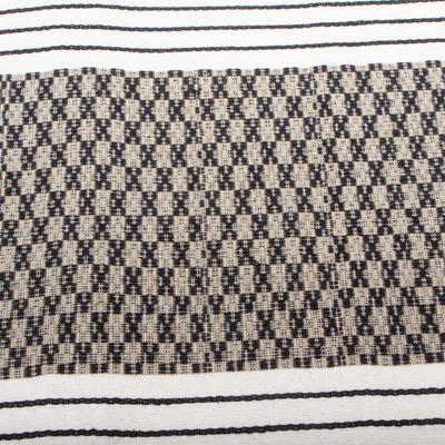 Cotton cushion cover, 'Cross Stitch in Brown' - Artisan Crafted Cotton Cushion Cover in White and Black