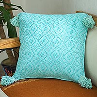 Cotton cushion cover, 'Oaxaca Diamonds in Aqua' - Artisan Crafted Cotton Cushion Cover in Aqua