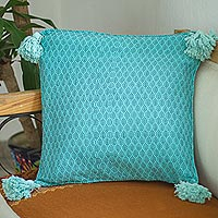 Cotton cushion cover, 'Diamond Web in Aqua' - Tasseled Aqua Cushion Cover from Mexico