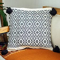 Cotton cushion cover, 'Oaxaca Diamonds in White' - White and Black Hand Woven Cushion Cover