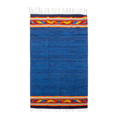 Teppich aus Wolle, 'Oaxacan Shores' (Oaxacan-Ufer) - Handgewebter Flächenteppich in Blau aus Mexiko