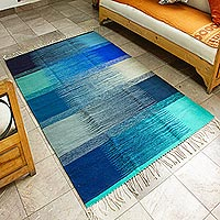 Wool area rug, 'Waves' (4x6.5) - All Wool Area Rug in Blue Shades (4x6.5)