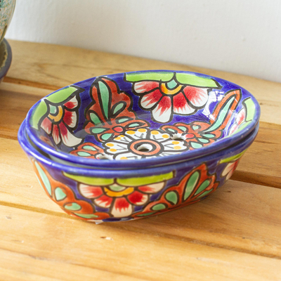 Ceramic soap dish, 'Blue Bouquet' - Hand Crafted Talavera-Style Soap Dish